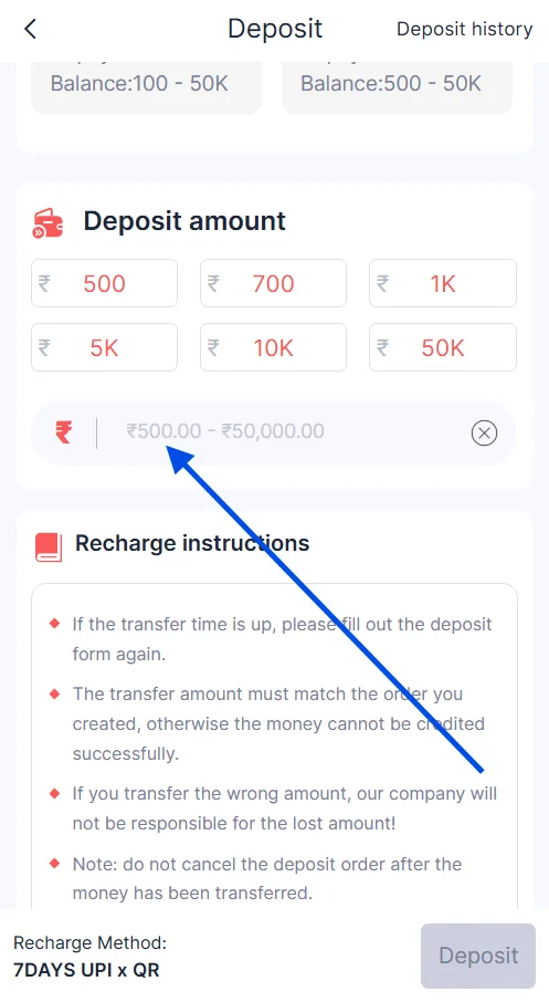 Enter the deposit amount